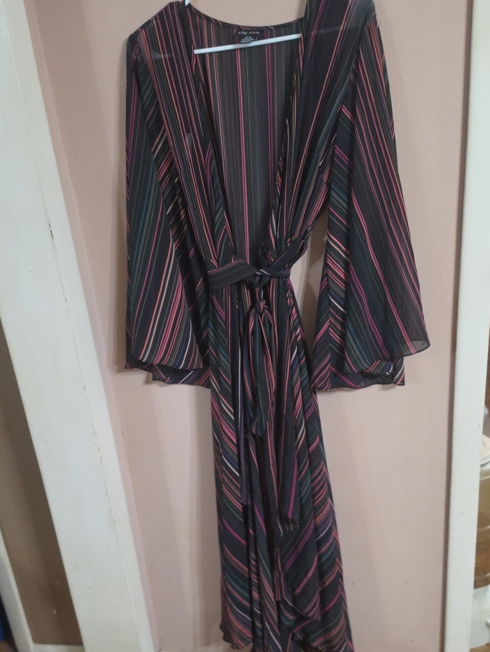City Chic Black Wrap Maxi Robe with Pink and Cream Stripes